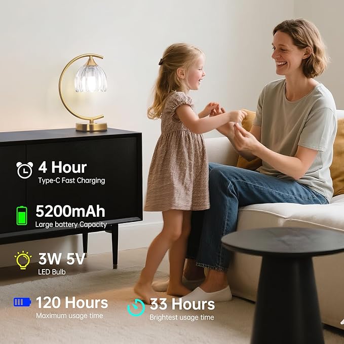 Cordless Table Lamp with 5200mAh Battery & Touch Control - 3 Adjustable Color Temperatures Bulb, Rechargeable Small Table Lamps for Living Room, Bedroom, Desk, Bedside (Transparent Tulip)