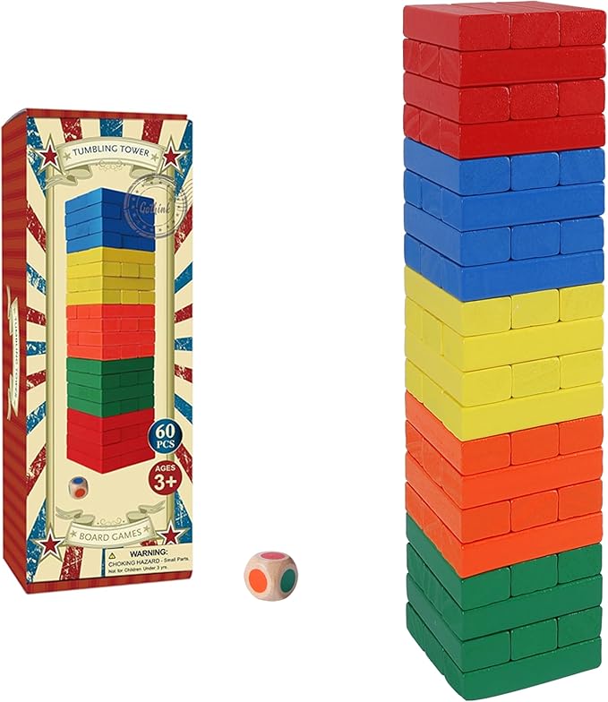 GOTHINK Wooden Blocks Stacking Game with Storage Box, 60PCS Toppling Colorful Tower Building Blocks Balancing Puzzles Montessori Toys Learning Sorting Family Games Educational Toys Gifts for Kids