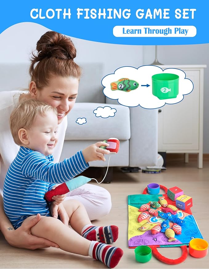 Montessori Toys for 1 Year Old, Cloth Fishing Game with Stacking Cups 24 Pcs for Toddlers 1 2 3, Sensory Toys for Kids Baby Shower Birthday Easter Gifts for 6-12 Months Girls Boys