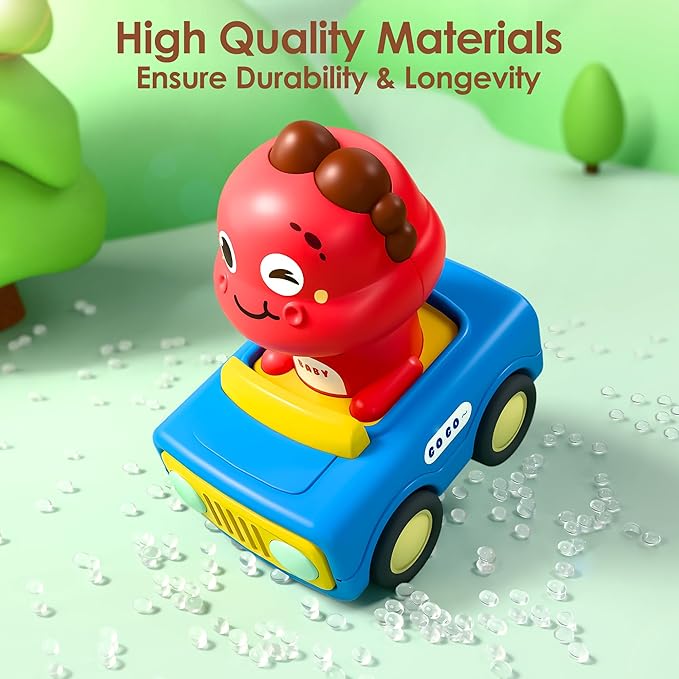 iPlay, iLearn Press to Go Car Toys for Toddlers 1-3, Baby Animal Race Cars, Infant Play Vehicle Set, Boy Push Go Friction Dino Cars for 6-9-12-18 Month, 1st Birthday Gift Stuffer for 1-2 Years Old Kid