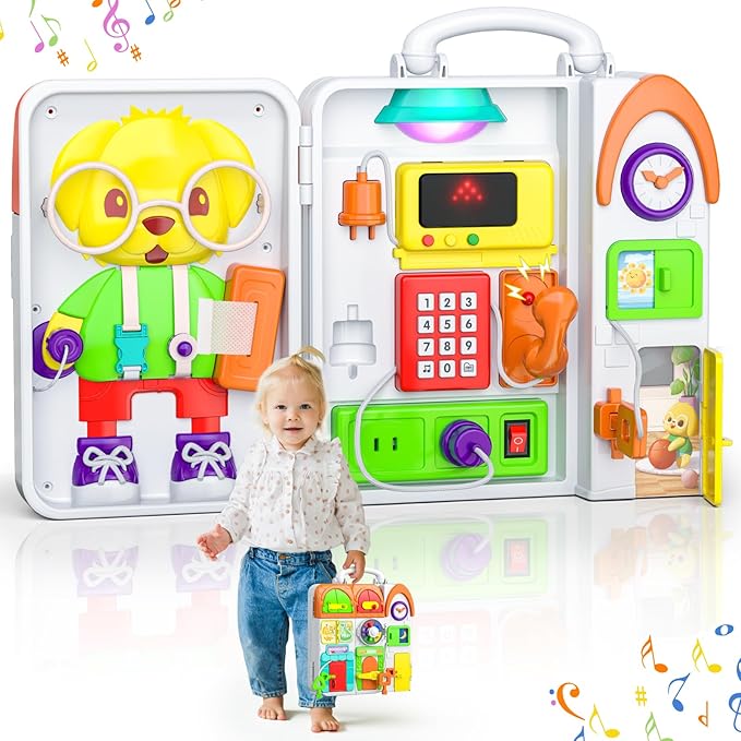 Montessori Busy Board for 1 Year Old Boy Girl, Musical Baby Toys 12-18 Months, Bilingual Learning Educational Toddlers Toys for 1-2 Year Old Birthday Gifts