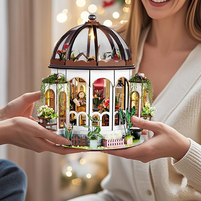 DIY Miniature Garden Dollhouse Kit - 1:24 Scale Wooden Flower Greenhouse Room Craft with Furniture for Book Nook Decor - Present for Women, Girls, and Boy (Round Garden)