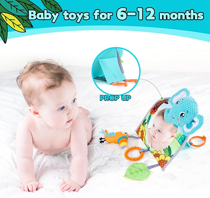 Baby Car Seat Toys - Mirror, Teether & Crinkle Paper - Rear Facing & Tummy Time - Fun Travel Toy