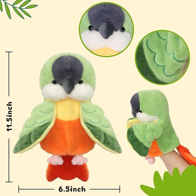 Easfan Green Parakeet Parrot Hand Plush Puppet Cute Bird Interactive Storytelling Cute Soft Plush Toy Creativity and Imagination Easter Christmas Birthday Gifts for Toddlers Kids,11.5’’