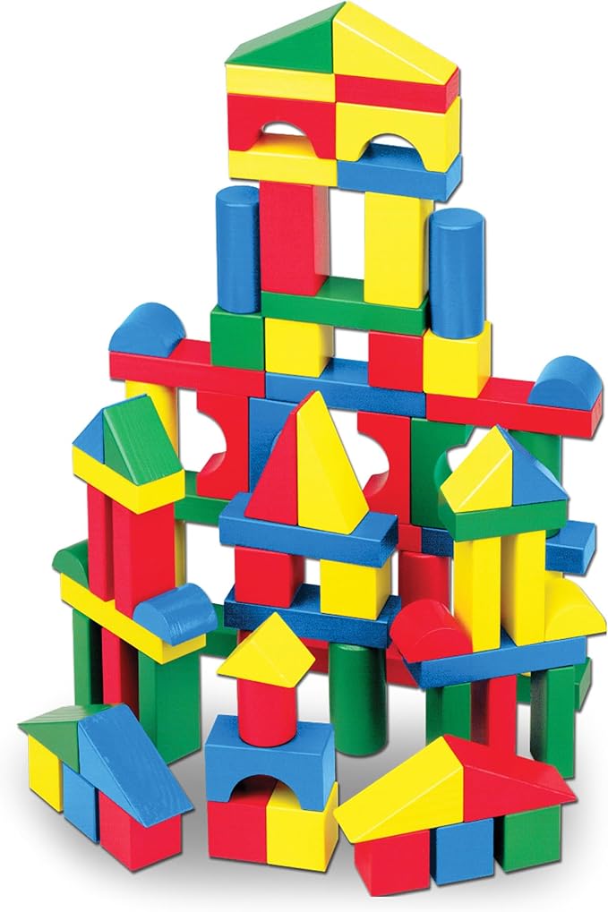 Melissa & Doug Wooden Building Blocks, 100-Piece Set of Sorting & Stacking Toys in 4 Colors and 9 Shapes, Classic Toddler Toys for Girls & Boys Ages 2+ - FSC Certified