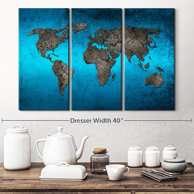 ElephantStock Ocean World Map Multi Piece Canvas - 3 Panel Wall Decor - Map of the World Art - Canvas for the Office and Home - 33" X 20"