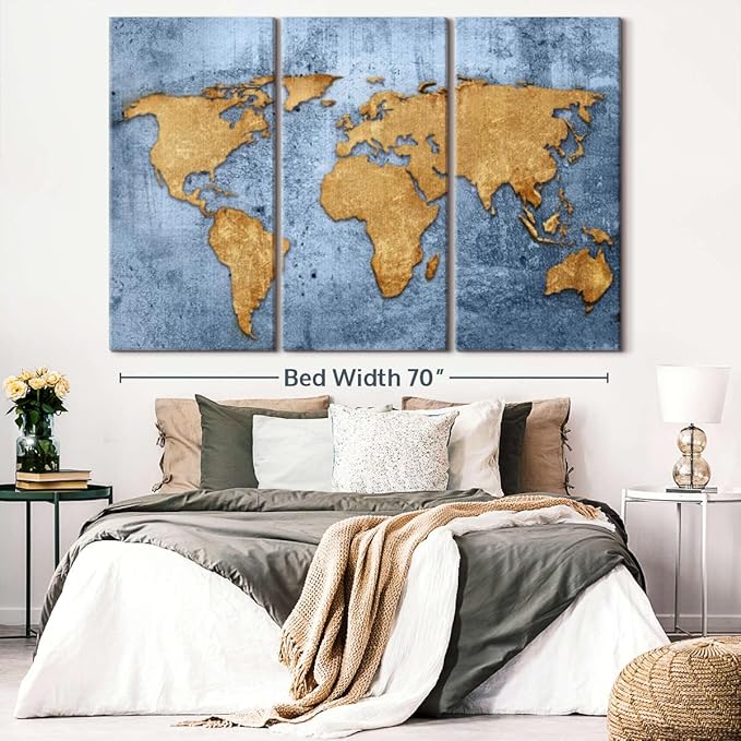 ElephantStock Azure World Map Wall Art Multi Piece Canvas - 3 Panel Wall Decor - Map of the World Art - Canvas for the Office and Home - 74" X 48"