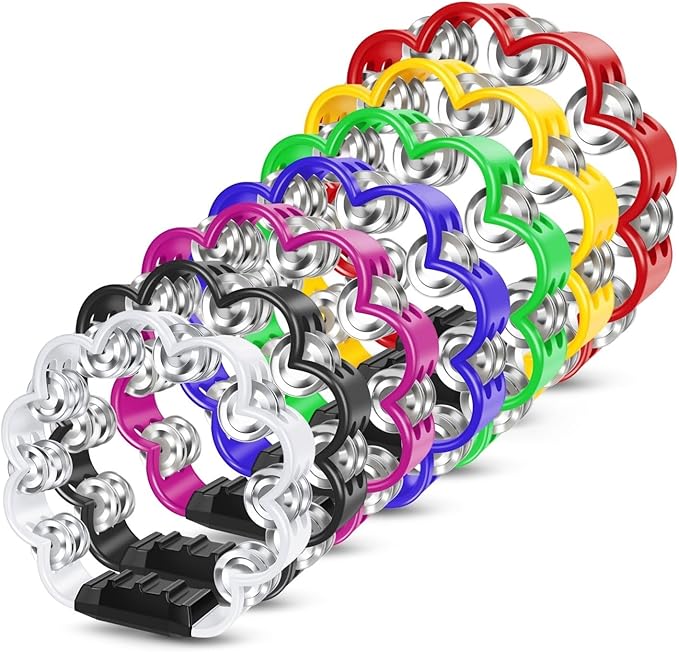 Flexzion Flower Tambourine - 8 Inch Handheld Percussion Instrument w/Metal Jingles & Ergonomic Grip - Small Tambourines for Adults, Kids, Church, Parties, & Musical Events (7 Color Pack)