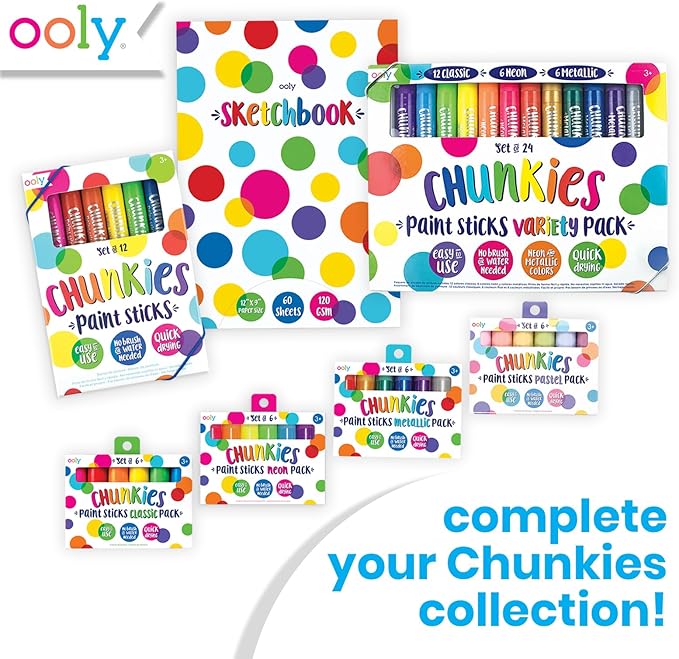 Ooly Chunkies 24 Paint Sticks For Kids, Tempera Paint Sticks Variety Set, Includes Classic, Pastel & Metallic No Mess Quick Drying Colors