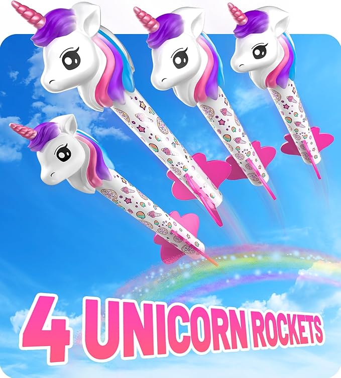 beefunni Unicorn Rocket Launcher for Kids, 4 Unicorns Outdoor Toys for Girls, Christmas Easter Birthday Gifts for Girls Ages 2 3 4 5 6 7 8 Years Old, Fun Indoor Toys for Kids Ages 2-4-6 Years Old