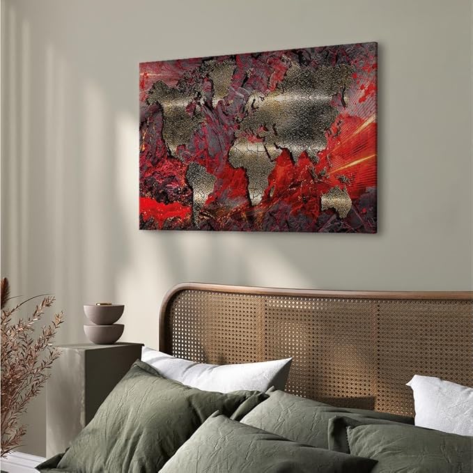 artgeist Canvas Wall Art World Map 35x24 in - 1pcs Home Decor Framed Stretched Picture Photo Painting Artwork Modern Art Image - Abstract Continents Map World Map Red k-A-0505-b-d