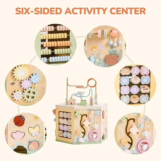 ROBOTIME Wooden Activity Cube for Toddlers, 13 in 1 Montessori Baby Activity Cube, Baby Play Cube Toy with Educational Features, Gift Wooden Cube Toy for Boys & Girls - 1 Year +