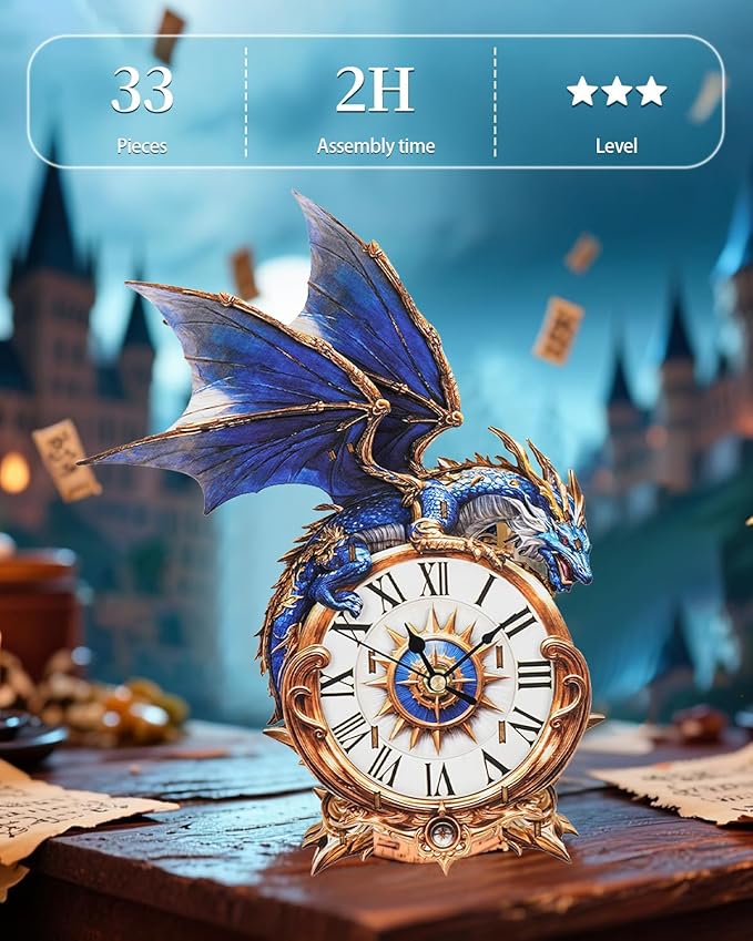 Rnfinewow 3D Wooden Puzzles for Adults, Blue Dragon Clock with Pendulum Model Kit, 3D Puzzles for Adults Room Home Decor DIY Wall Clock Kit, Holiday Birthday Christmas Day Gifts for Men Women Teens