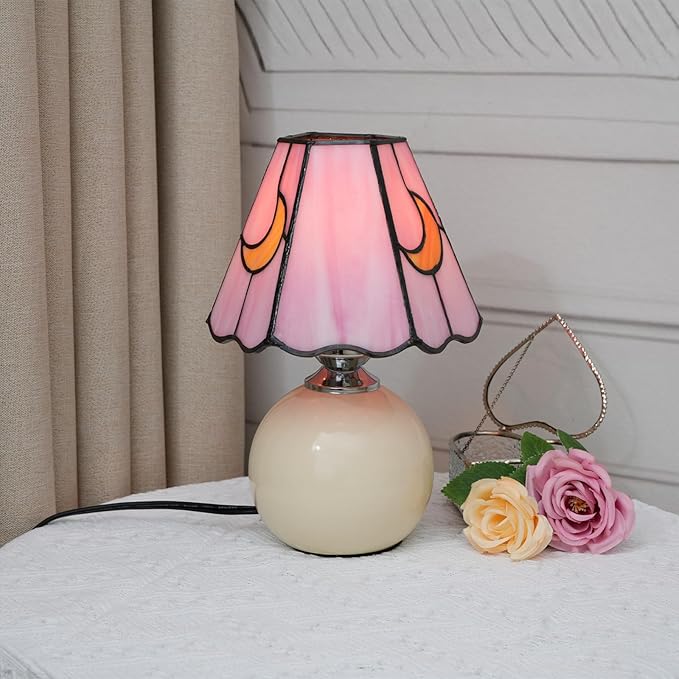 Mushroom Lamp Tiffany Stained Glass Moon lamp Cute Small Bedside Table Lamps for Living Room Home Decor,Girls Women Birthday Christmas Thanksgiving Day Gift,Pink