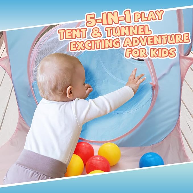 Action Air Kids Play Tent Set with Tunnel and Ball Pit, 5-in-1 Pop Up Playhouse for Toddlers 1-3, Blue