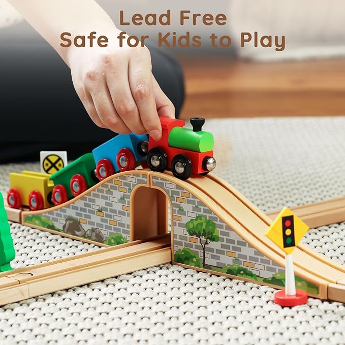 SainSmart Jr. Wooden Train Set for Toddler with Double-Side Train Tracks Fits Brio, Thomas, Melissa and Doug, Kids Wood Toy Train for 3,4,5 Year old Boys and Girls