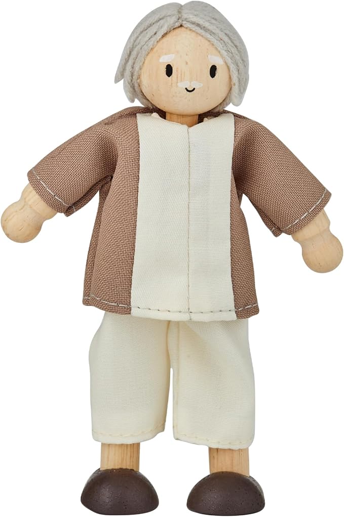 PlanToys® Grandfather Dollhouse Figure - Fair Skin Tone | Poseable 1:12 Scale Dollhouse People | Montessori Pretend Play Doll with Bendable Arms & Legs | Eco-Friendly Wooden Figurine for Kids