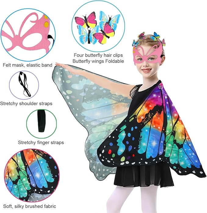 Butterfly Costume for Girls Fairy Wings Kids 4 Pcs(Cape,Skirts,Masks,Hair Clips) Butterfly Wings for Halloween Gifts
