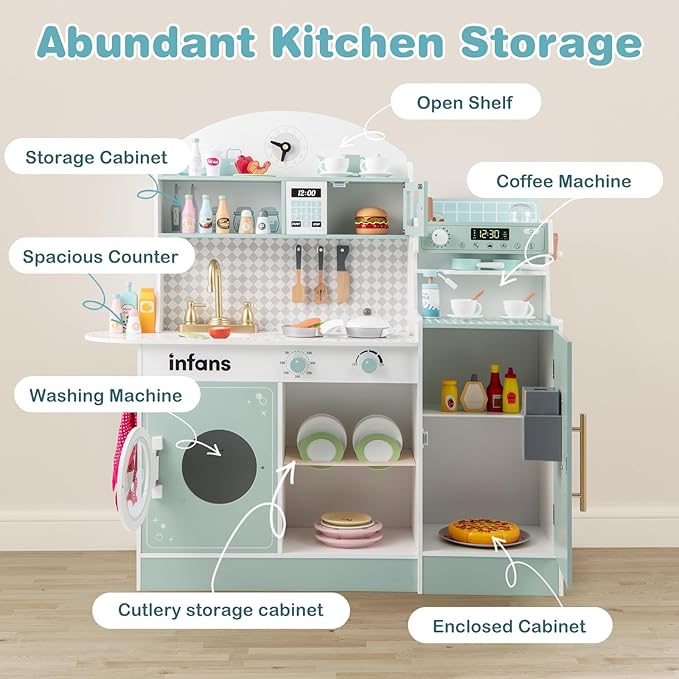 INFANS Kids Kitchen Playset, Toddler Wooden Kitchen Pretend Cooking Toy Set with Coffee Maker Ice Machine Dishwasher Microwave Storage Cabinet, Simulation Play Kitchen for Boys Girls 3+ (Blue)
