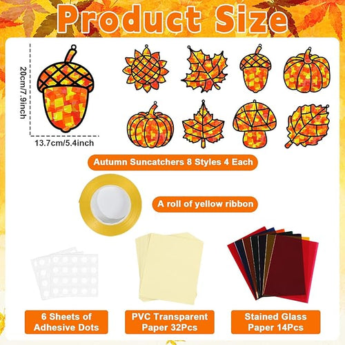 32 Sets Fall Thanksgiving Suncatchers Craft Kit DIY Window Stained Glass Effect Autumn Harvest Paper Crafts Home School Classroom Decoration Kid Birthday Gift Creative Art Project Activity Game