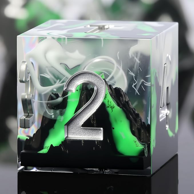 DNDND Emerald Volcanic Sharp Edge Dice Set - 7PCs Green Lava Flow Polyhedral Dice for D&D, RPG Metal Case Gift with Clear Numbers
