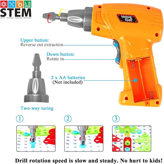 STEM Design and Drill Toy for Kids Ages 3-8, 193 Pcs Electric Drill Toy,Creative Building Toys,Magic Montessori Play Toolbox for Toddler Boys Girls Preschool,STEM Toys for 3 4 5 6 7 8 Year old