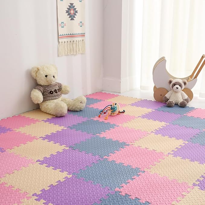 Foam Play Mat for Baby, EVA Non-Toxic Interlocking Floor Mats, Solid Colored Foam Puzzled Floor Mats, Baby Play Mat Exercise Mats, 16 Tiles(Beige/Pink/Purple/Gray Blue)