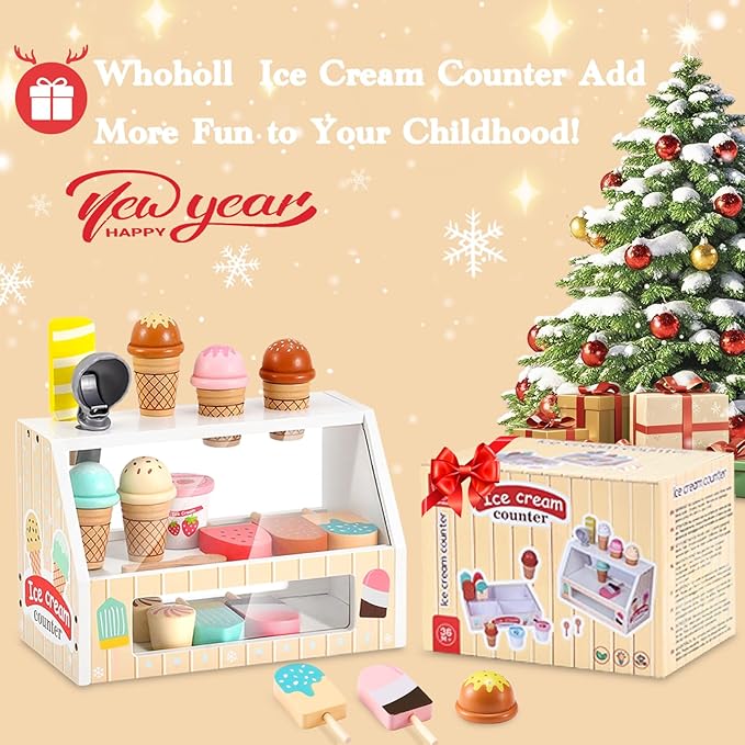 Wooden Ice Cream Toys Kids Play Store Pretend Toy for Toddlers, Play Kitchen Accessories with Scoop, Menu, Fake Money, Ice Cream Play Set Birthday Christmas Gifts for 3 4 5 6 Year Old Girls Boys