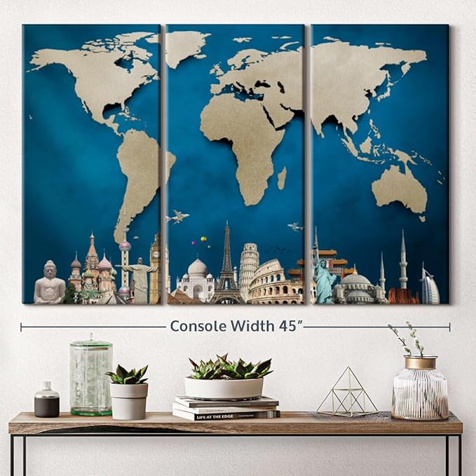 ElephantStock Ocean Blue World Map Multi Piece Canvas - 3 Panel Wall Decor - Map of the World Art - Canvas for the Office and Home - 45" X 28"