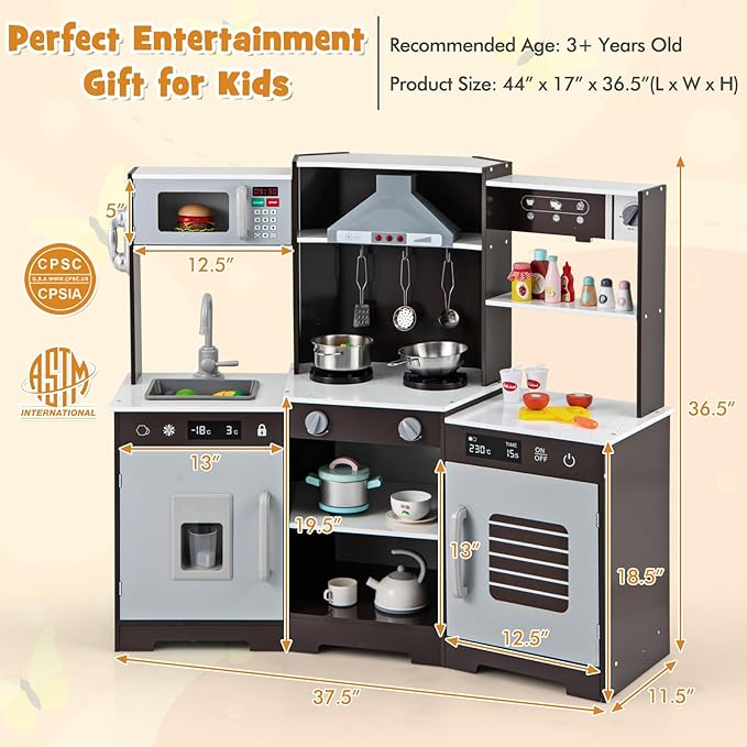 HONEY JOY Corner Kids Kitchen Playset, Wooden Toy Kitchen Set w/Lights & Sounds, Range Hood, Ice Maker & Coffee Maker, Microwave, Sink, Faucet, Little Chef Pretend Play Kitchen for Toddlers, Brown