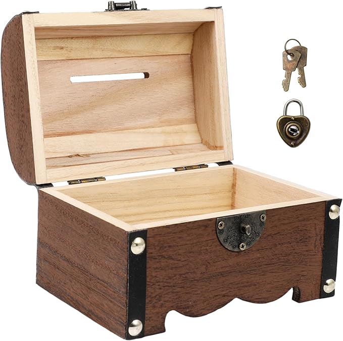 Toyvian Box Treasure Chest Money Safe for Cash Saving for Adults Wooden Treasure Vintage Wooden Trunk Piggy Bank Organizer with Lock Jewlery Kids Toys Craft Boy Miss Metal Wedding Necklace