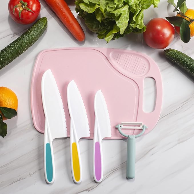 3 Pieces Kids Knife Set for Cooking, with Cutting Board and Safe Lettuce and Salad Knives, Kids Cooking Utensils in 3 Sizes & Colors for Fruit, Bread, Cake, Salad