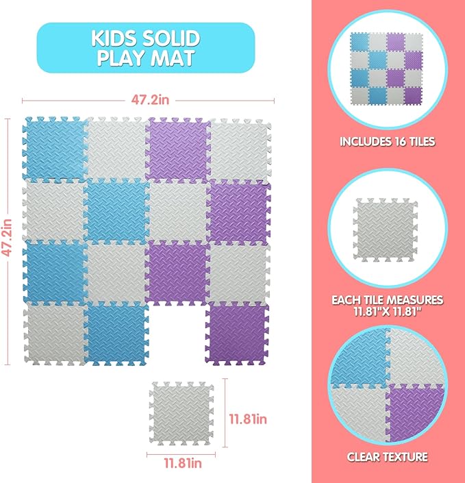 Play Mat for Babies 0-6 Months, Solid Colored Foam Floor Mat, Eva Non-Toxic Foam Puzzle Floor Mats, 0.4" Thick Square Kids Playmat丨47x47 Play Mat for Playpen (White/Purple/Light Blue)