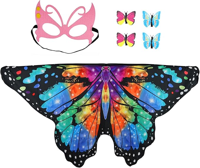 Butterfly Costume for Girls Fairy Wings Kids 4 Pcs(Cape,Skirts,Masks,Hair Clips) Butterfly Wings for Halloween Gifts