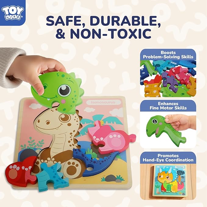 TOY Life Wooden Puzzles for Toddlers 2-4, 12 Pack Dinosaurs Puzzles for Toddler 1-3, Kids Montessori Toys for 1 2 3 Year Old, Educational Toys for Boys Girls Age 2 3 4 5, Baby Learning Toy Gifts