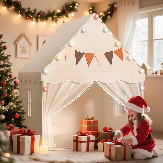 EagleStone Kids Play Tent with Star Light and Padded Mat, Playhouse for Kids, Neutral Color Play Room Furniture, Indoor Bed Tent Gift Toys for Toddle 3,4,5,6-Year-Old Girls,Boys, Girls,