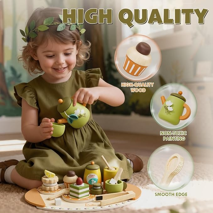 Timber Lulu Tea Sets for Toddlers 3-5, Wooden Play Food Set for Kids, Forest Tea Party Pretend Play for Toddlers 3-5, 4 Year Old Girl Birthday Gifts, Kids Kitchen Accessories