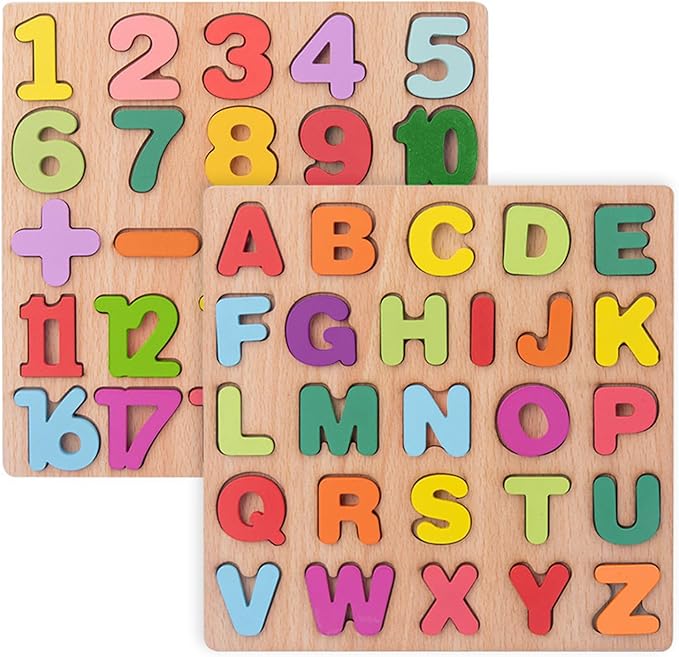 Wooden Puzzles for Toddlers, Alphabet Puzzle and Number Puzzle, Preschool Educational Learning Toys with Chunky Wood ABC Puzzle Board, for Girls Boys Kindergarten