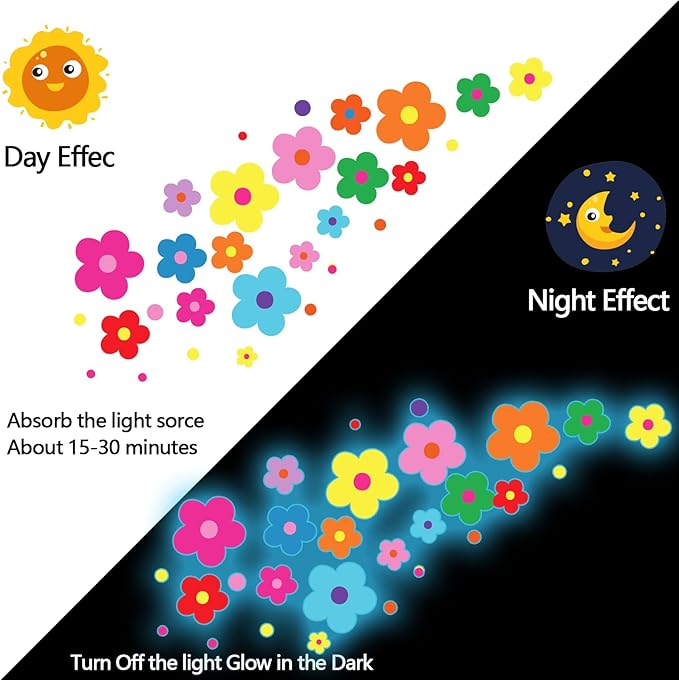 Glow in The Dark Y2k Cute Flowers Wall Decals，Glowing Luminous Colorful Floral Wall Stickers Removable self-Adhesive Flower Decals for Girls Bedroom Kids Baby Nursery Living Room Decor (Bright Color)
