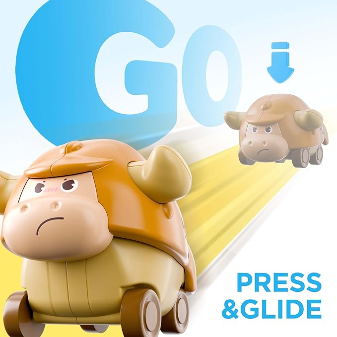 iPlay, iLearn Press to Go Car Toys for Toddlers, Baby Mini Animal Race Cars, 3pcs Infant Play Vehicle Set, Push Go Friction Bull Toys for 18 24 Month, Frist Birthday Gift for 2 3 Year Old Boys Girls