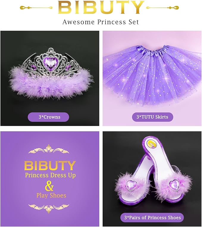 Princess Dress Up Shoes , Dress Up Clothes Pretend Play Costumes-3 Sets of Princess Shoes, Dresses and Crowns, Princess Accessory Toys for 3-6 yr Girl Birthday Gifts