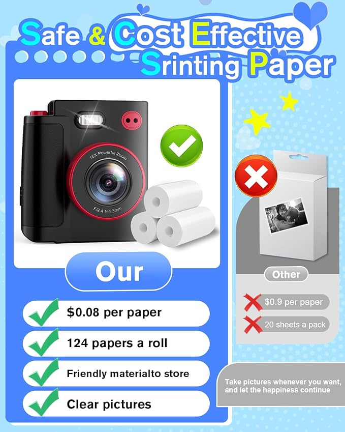 Instant Print Camera for Kids - Classic Black Digital Camera for 3-12 Year Olds, 1080P HD with 32GB SD Card, Selfie Mode & Durable Design, Ideal Christmas Birthday Gift, Portable Travel Toy