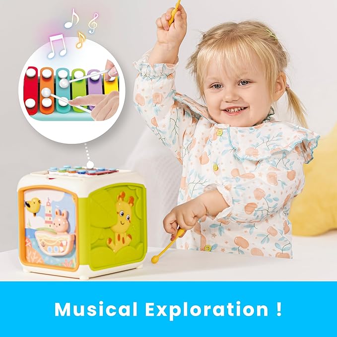 PlenPLAY 7-in-1 Activity Cube for Toddlers 1-3 - Educational Toy with Shape Sorter, Abacus, Xylophone, Peekaboo, Slides, and Gears - Sensory Toys for Toddlers 1-3