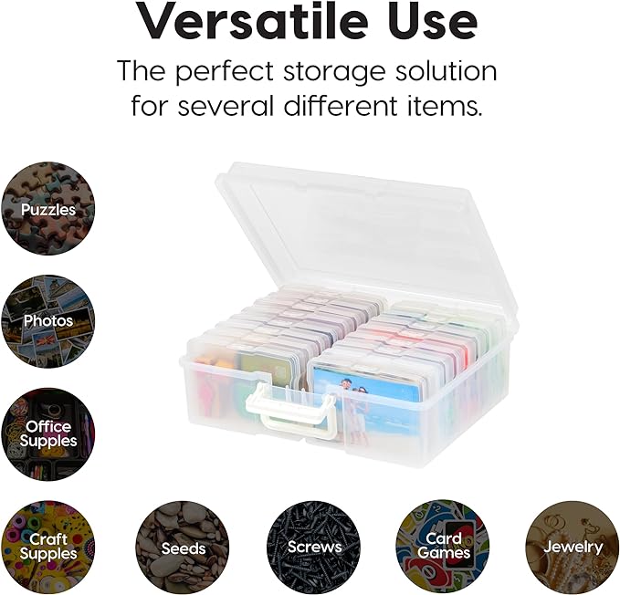 IRIS USA 4" x 6" Photo Storage Box Craft Keeper, Transparent Handle Container with 16 Organization Holder Cases for Pictures, Tasks, Scrapbooking, Stationery Storage, Clear