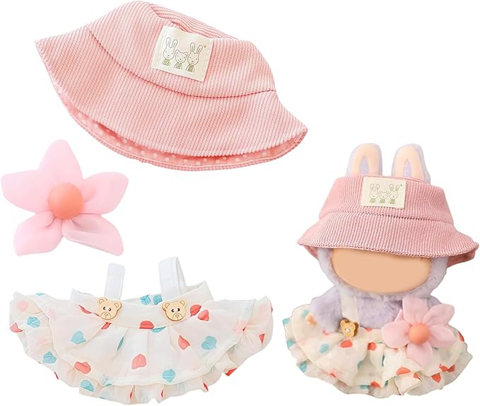 17cm Doll Clothes | Fashion Kawaii Chic Style Set for Dolls | 3-Piece Outfit with Pink Hat, Floral Decor, Pink Floral Print Dress (NO Doll)