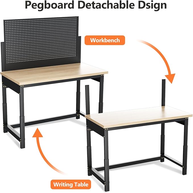 Workbench with Pegboard, Adjustable Height Work Bench Heavy Duty Work Station Table with Power Outlets Work Benches for Garage, Workshop, Home, Office(47.2 inch Wide)