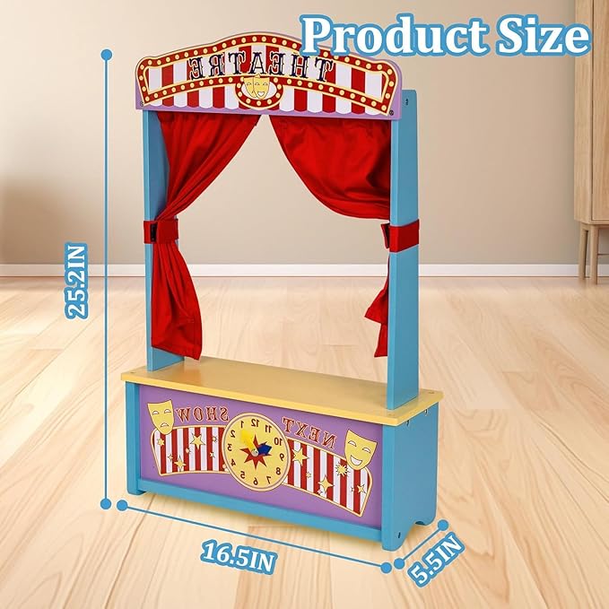 Wooden Puppet Theater, Puppet Theater with Curtains for Tabletop Drama Performance, Role-Playing,Great for Shows, Events, Education and Pretend Play, Portable