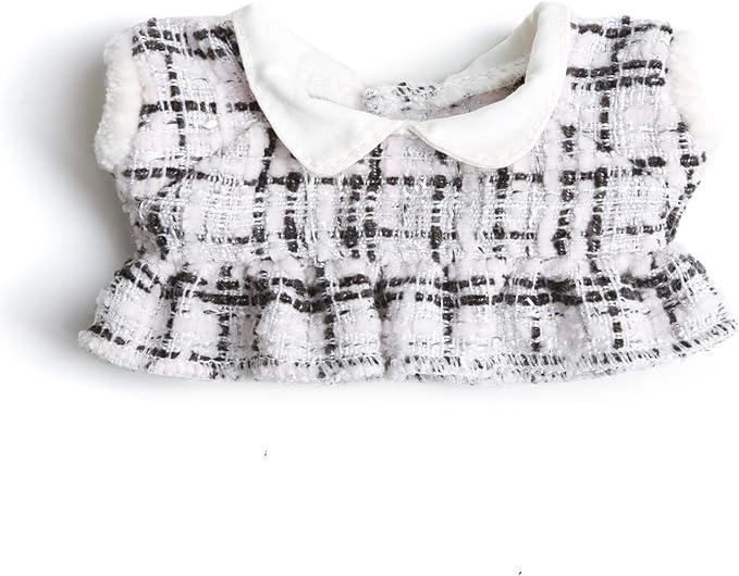 17cm Doll Clothes for Labubu - Luxury Chic Style Set for 17cm Dolls Outfit - Accessories for Dolls Clothes -White Plaid Tweed Dress + Black Necktie + White Bow (No Doll)