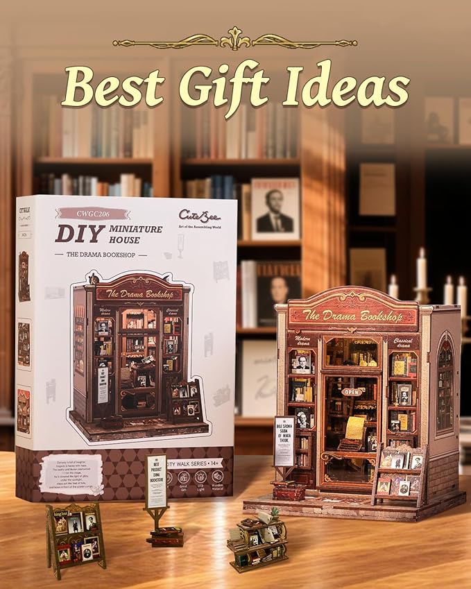 CUTEBEE Book Nook Kit - DIY Miniature House Dollhouse Kit for Adults and Teens, Booknook Tiny House Bookshelf 3D Wooden Puzzle, Gifts for Family (Drama Bookshop)