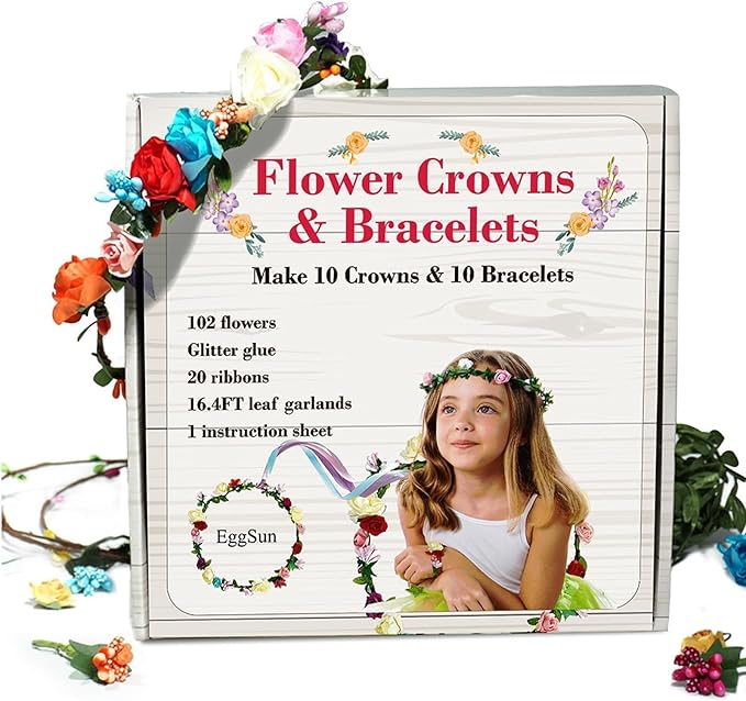 EggSun Flower Crown Making Kit for Girls Kids Gift Tea Party Spring Craft Bracelet DIY Fairy Flower Crown Kit Kids Birthday Party Floral Hair Arts Crafts Spring Easter Gift for Girls 5 6 7 12 Year Old